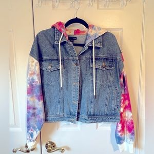 Aqua oversized cropped tie-dye jean hooded jacket size M